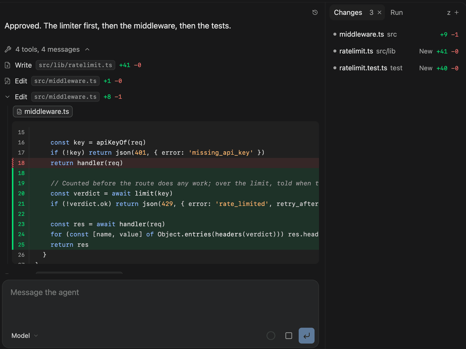 Octave at work: the agent’s edit to the middleware as a diff, and the changed files beside the conversation