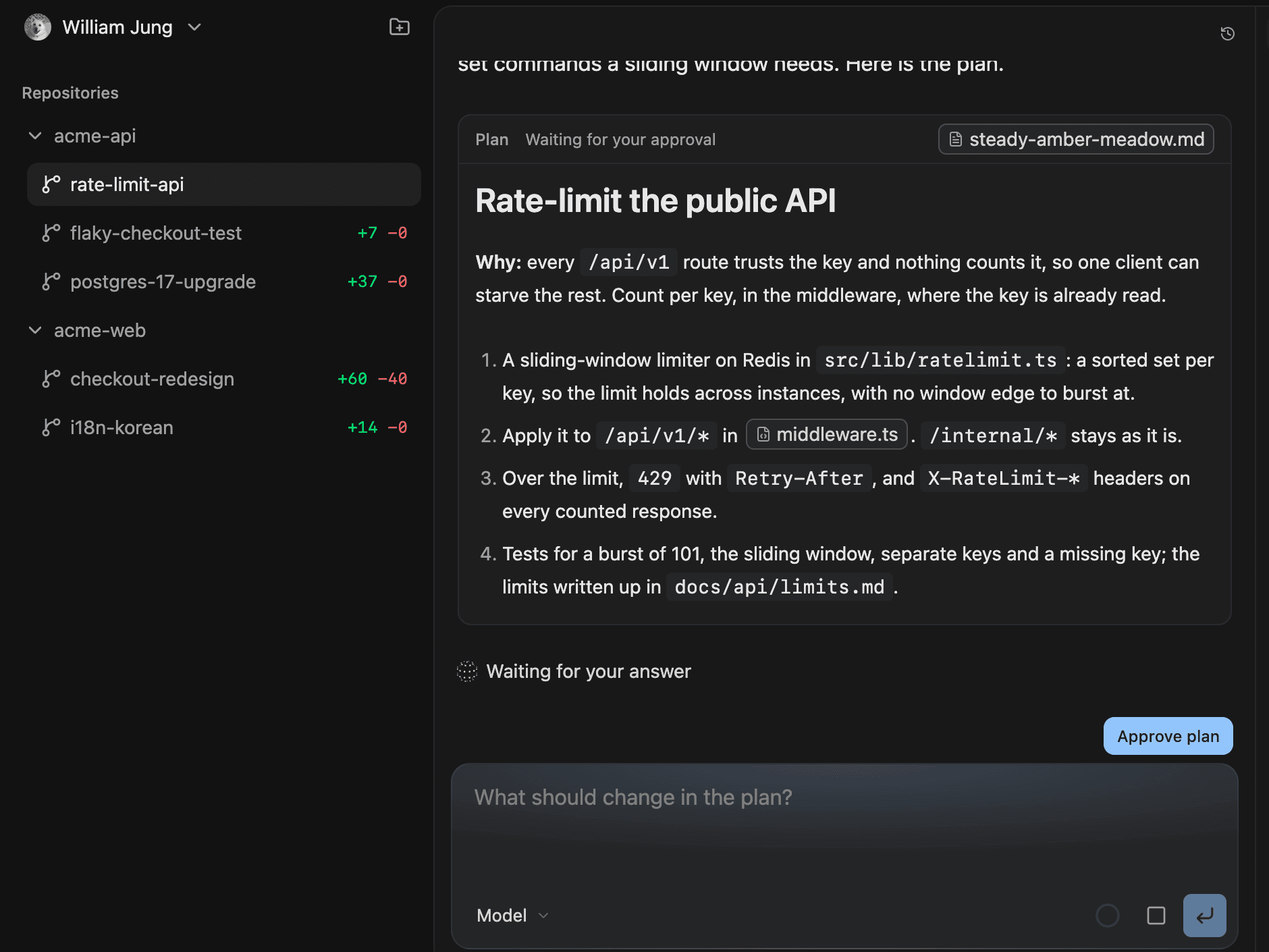 Octave in Plan mode: the agent’s plan to rate-limit the public API, waiting for approval, beside the repositories and their workspaces