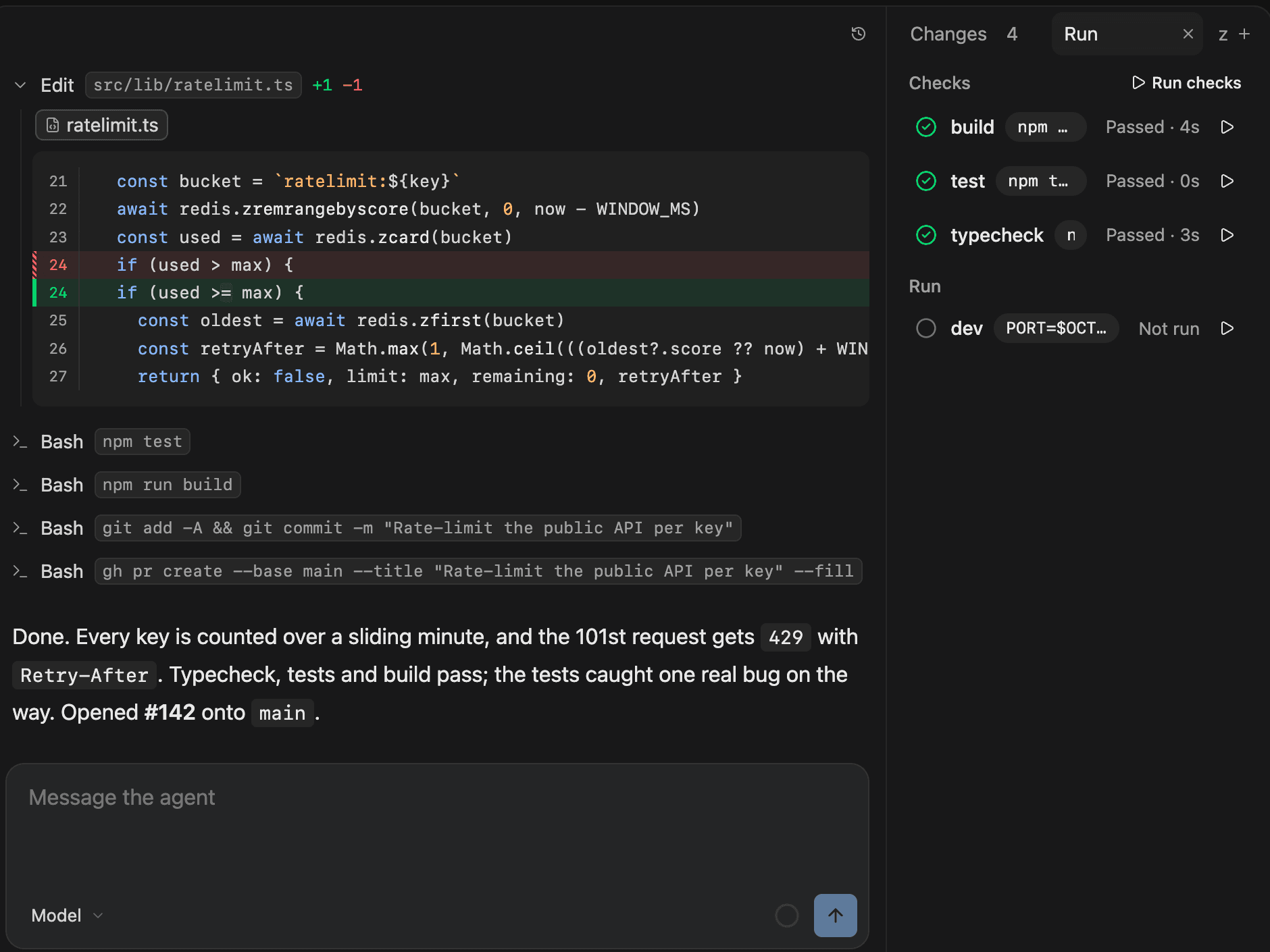 Octave shipping: the failing test’s fix as a diff, build, test and typecheck passed, and the pull request opened